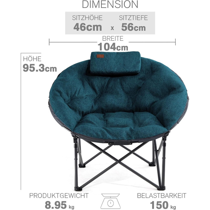 Крісло-місяць EVER ADVANCED Luxus XXL для кемпінгу, складне, до 150 кг, зелене. З подушкою, для саду, балкону, приміщення.