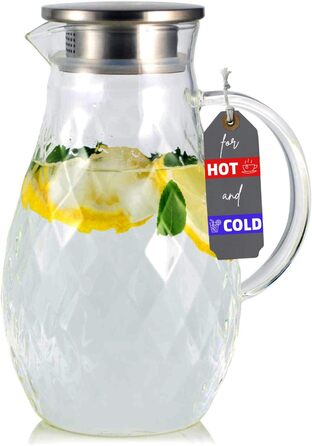 Borosilicate glass carafe with lid and spout - Glass carafe with a unique diamond pattern for 2 liters of cold or hot water - Drink dispenser for homemade iced tea and juice