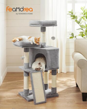 Дряпальня для котів Feandrea, кігтеточка з платформою, м'який плюш, сірий колір, 115 см, повністю обмотана сизалем, 50L x 35B x 115H см