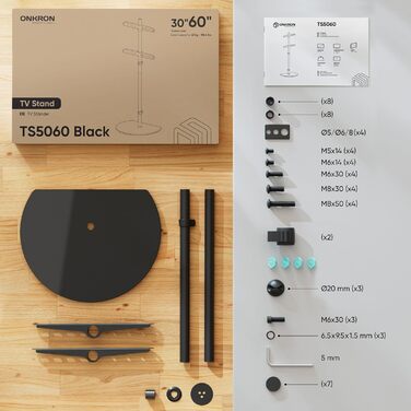 Підставка для телевізора ONKRON TS5060-B: 32-60 дюймів, до 41 кг, регульована, поворотна, VESA 400x400, чорний
