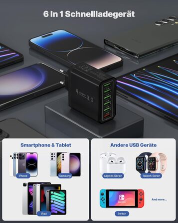 Зарядний пристрій USB 2 шт, 6 портів 33W QC 3.0 + USB 3.1A, мережевий адаптер для iPhone 16/15/14/13/12/11 Pro Max SE XR XS, iPad Pro, Samsung, смартфонів - Чорний