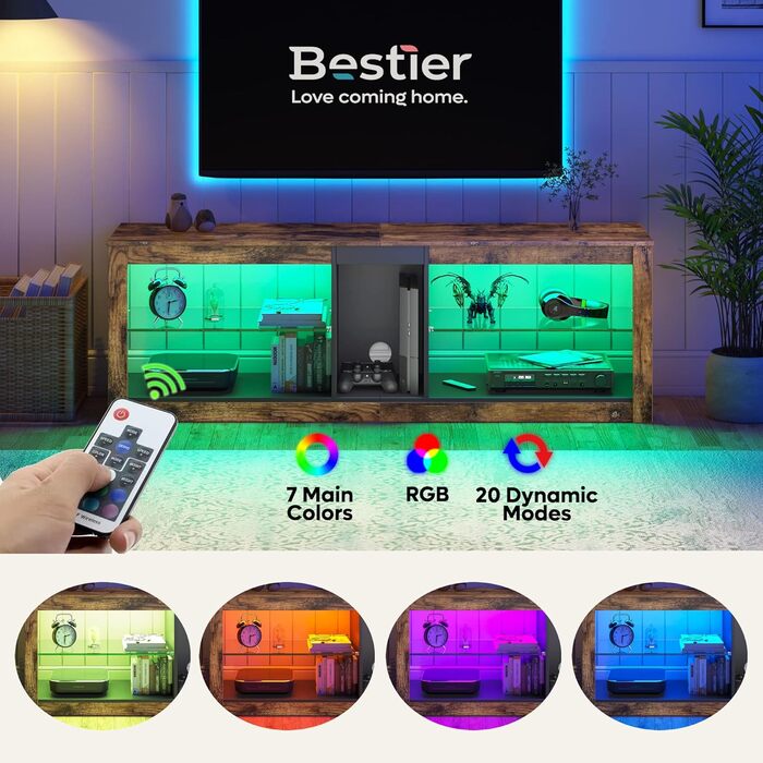 ТВ-тумба Bestier для телевізорів до 65 дюймів, 140×35×47 см, з LED-підсвіткою, кабель-менеджментом, скляною полицею, коричнева