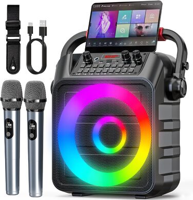 Портативна караоке-машина з 2 мікрофонами та LED-підсвіткою, Bluetooth, AUX, USB, TF, TWS, для вечірок та подарунків (дорослим та дітям)