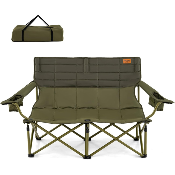 Крісло для кемпінгу на 2 особи Costway, розкладне, з регульованими підлокітниками, тримачами для напоїв та сумкою, вантажопідйомність 272 кг, для відпочинку, риболовлі, пікніків (зелене)