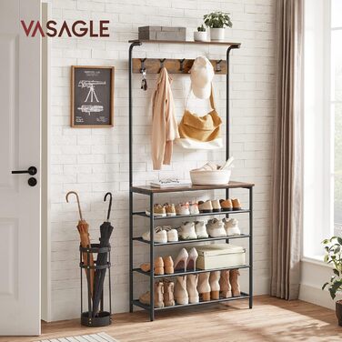 VASAGLE Coat Rack, Clothes Rack, Shoe Shelf, Coat Stand with 5 Double Hooks, 5 Levels, One Shelf on Top, for Apartments, Bedrooms, Hallways, Industrial Design, Vintage Brown-Black HSR408B01