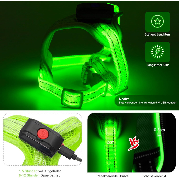 Світловідбиваючий нашийник для собак PZRLit з LED підсвічуванням, зарядний, для маленьких собак, XS, для безпечних прогулянок вночі (зелений)