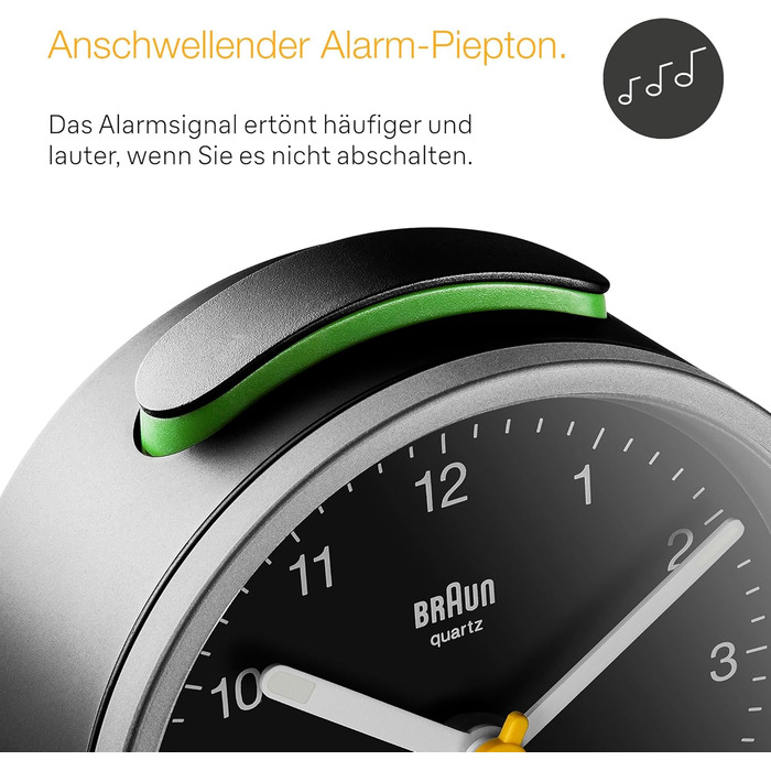 Classic Braun analog alarm clock with snooze function and light, quiet quartz movement, crescendo alarm in black and silver, model BC12SB