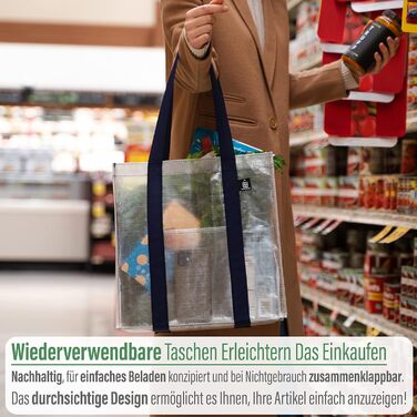 VENO 34 Liter Large Shopping Bag Foldable with Sturdy Bottom and Front Pocket, Reusable Shopping Bags Water-Resistant Tote Bag Shopping Basket for Shopping, Picnic (Transparent, 4-Pack)