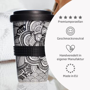 Mahlwerck Coffee-to-go Cup, Porcelain Coffee-to-go Cup with Leak-proof Lid, Design, Grey, 400ml (1 piece (1-pack), Gold)