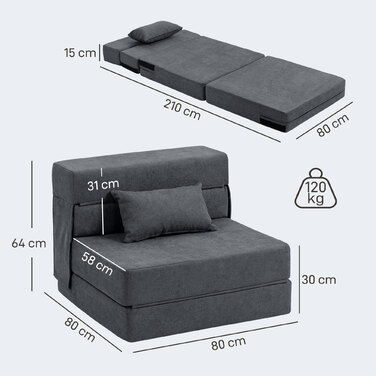 HOMCOM 3-in-1 Sleeper Chair, Foldable Sleeper Sofa with Bed Function, Lumbar Pillow, Reclining Chair with Flannel Look, Chaise Lounge for Living Room, Dark Grey | Aosom