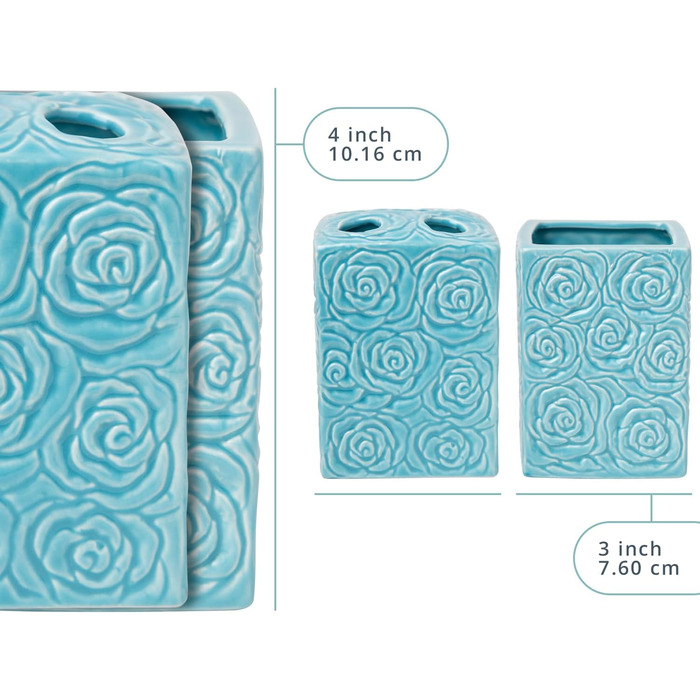 Designer 4-Piece Bathroom Accessory Set - Ceramic Bathroom Set with Liquid Soap or Lotion Dispenser, Toothbrush Holder, Cup, and Soap Dish - Decorative Set with Embossed Details - Vanity Accessory