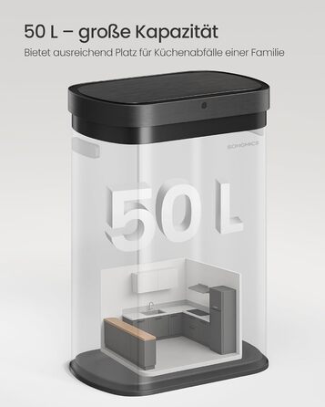 Сміттєвий бак SONGMICS з сенсором 50л, автоматичний, сталевий, чорний - LTB640B02