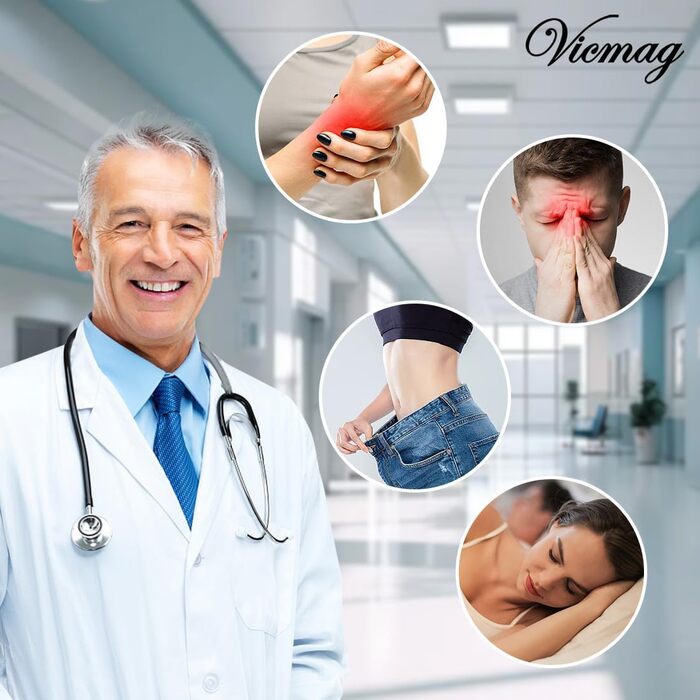 Браслет магнітний чоловічий Vicmag з титанової сталі, подвійний ряд, надміцна магнітна застібка, інструмент для регулювання та подарункова коробка (синє оздоблення)