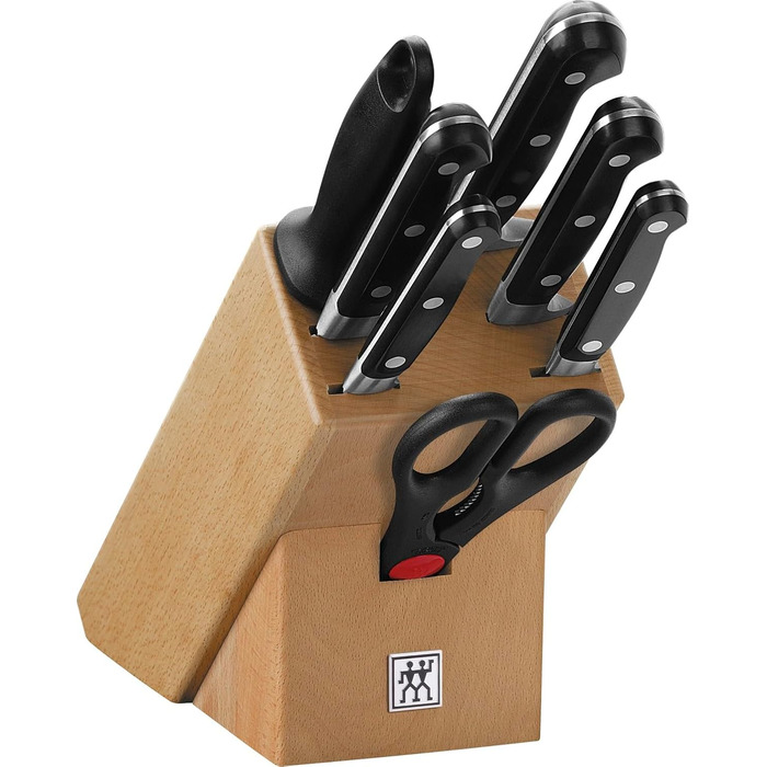 Набір ножів ZWILLING Professional S 8 предметів з дерев'яним блоком, Ніж, Точилка, Ножиці, Нержавіюча сталь, Ручки з нержавіючої сталі з заклепками, Чорний, Зроблено в Німеччині