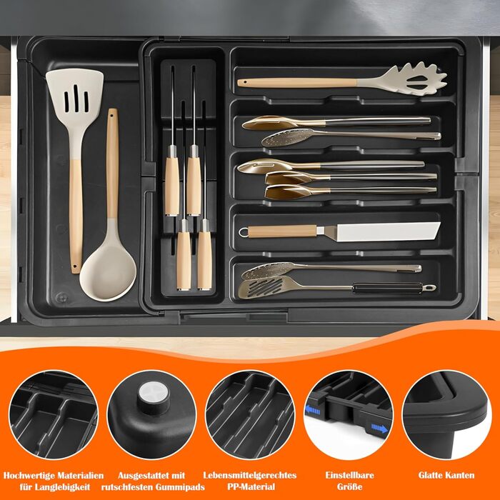 WwuHua Cutlery Box for Drawers, Drawer Insert Kitchen, Cutlery Insert for Drawers with Expandable Sides, 4-Sided Organizer Drawer Kitchen with 2 Knife Holders, Black