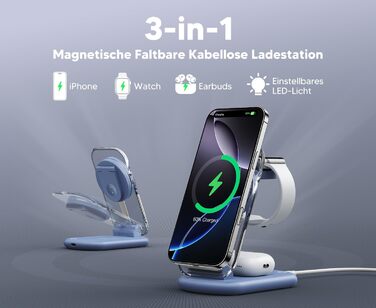 Підставка для зарядки MagSafe 3-в-1 для iPhone 17/16/15/14/13/12 Pro Max/Air/Plus/Pro та Apple Watch 10/9, AirPods 3/2/Pro (блакитна)