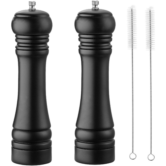 Salt and pepper grinder, wooden pepper grinder set salt pepper mill kit manual mills solid with strong adjustable ceramic grinding mechanisms 2 pieces 8 inch (K 2 Black)