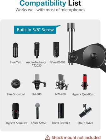 Підставка для мікрофона InnoGear: міцний шарнірний кріплення з кліпсою та кабелеутримувачами для Blue Yeti, Snowball, Hyper X, QuadCast, SoloCast, Fifine та інших великих мікрофонів