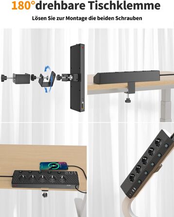 Мережевий адаптер Passus 5-фазний з 2 USB-C (PD 30W), захист від перенапруги, індивідуальне вмикання, 10-в-1, кабель 2м, чорний