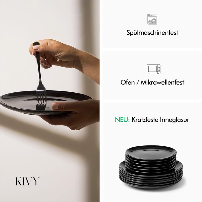 KIVY Dinnerware Set for 6 People [Scratch & Dishwasher Safe] 6x27cm + 6x22cm - Plate Set 12-Piece Modern - Dinnerware Set - Combination Service - Black Dinnerware Set - Black Plate Set - Matte Black Plates