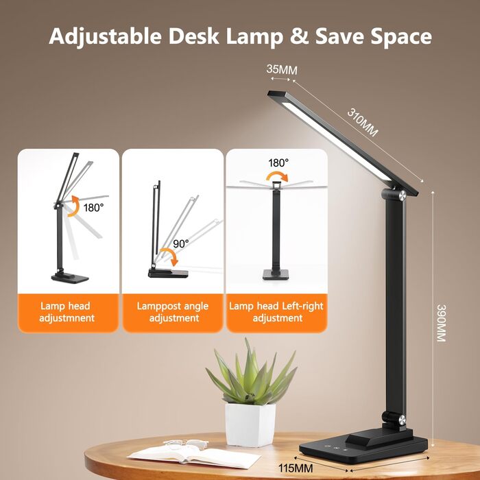 LED лампа настільна для дому та офісу, 15 режимів, денне світло, 1000LM, регулювання яскравості, 3600mAh, чорний колір