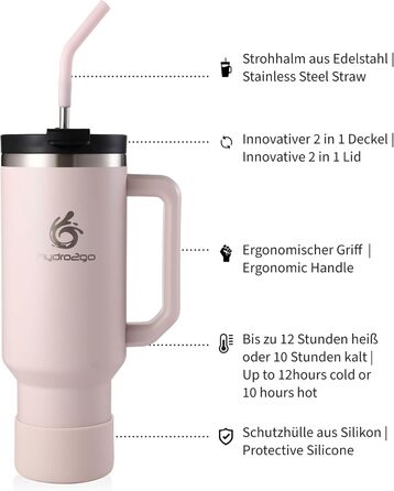 Термокружка Hydro2Go з трубочкою – BPA-free, придатна для миття в посудомийній машині, 10 годин гаряче/12 годин холодне, термокружка To-Go (1200 мл, Рожевий)