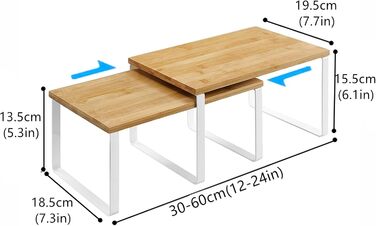 HMRACK Spice Rack, 4-Piece Bamboo Set, Expandable Kitchen Shelf, Stackable Spice Holder, Metal and Wood Composite, White and Natural