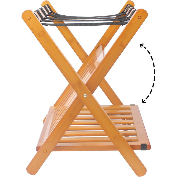 Fully assembled bamboo luggage rack with 5 straps, 2-tier foldable suitcase stand, wide wooden luggage rack, foldable luggage shelves, ideal for guest rooms, bedrooms, hotels