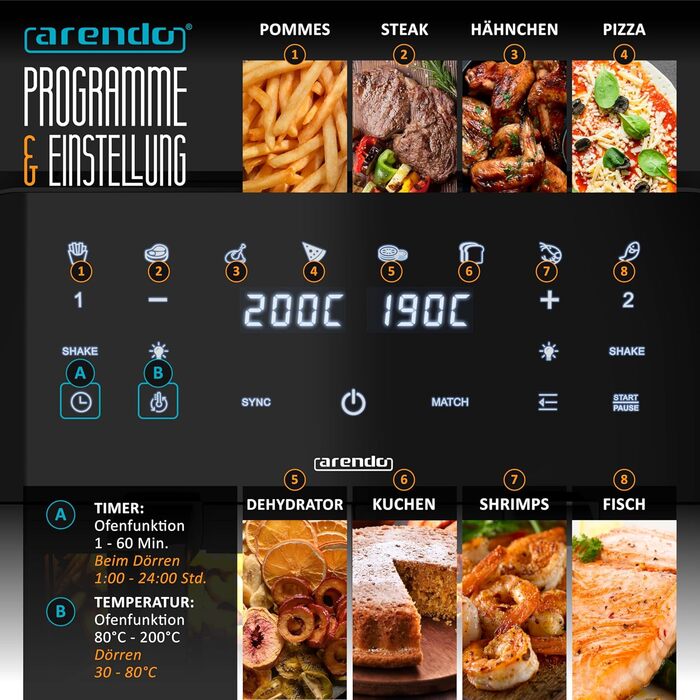 Фритюрниця Arendo Dual Zone 9L з 2 камерами - Airfryer з сенсорним екраном та 3D циркуляцією повітря