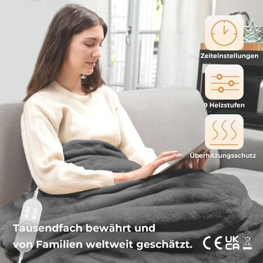 Електрична ковдра Celeste з автовимкненням 180x130 см, 9 рівнів нагріву, таймер, для софи, ліжка та офісу, темно-сіра