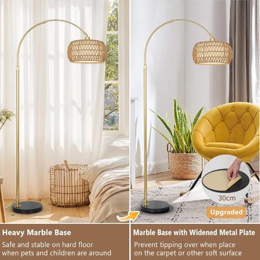 Rayofly Торшер для вітальні Bogenlampe, бохо стиль, ротанг, з пультом ДУ та LED-лампою, керування через додаток, димування, для спальні, офісу (Золотий)