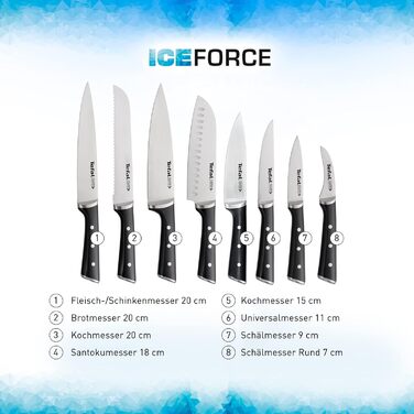 Набір ножів Tefal Ice Force 3 шт: ніж для м'яса 20 см, ніж Сантоку 18 см, універсальний ніж 11 см, нержавіюча сталь, чорний, K232S3