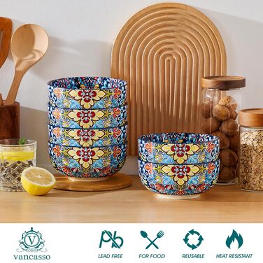 Набір мисок Vancasso з богемської кераміки, 800 мл, кольоровий набір мисок для кухні, сумісний з посудомийною машиною та мікрохвильовою піччю, для салату, макаронів, рису, вівсянки, фруктів