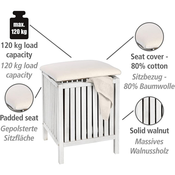WENKO Badhocker Norway with Laundry Hamper, Storage Ottoman with Padded and Flip-Up Seat as Lid, Solid Walnut Wood, Oiled, Capacity 65 L, (W x H x D): 39 x 52 x 39 cm, Natural (White)