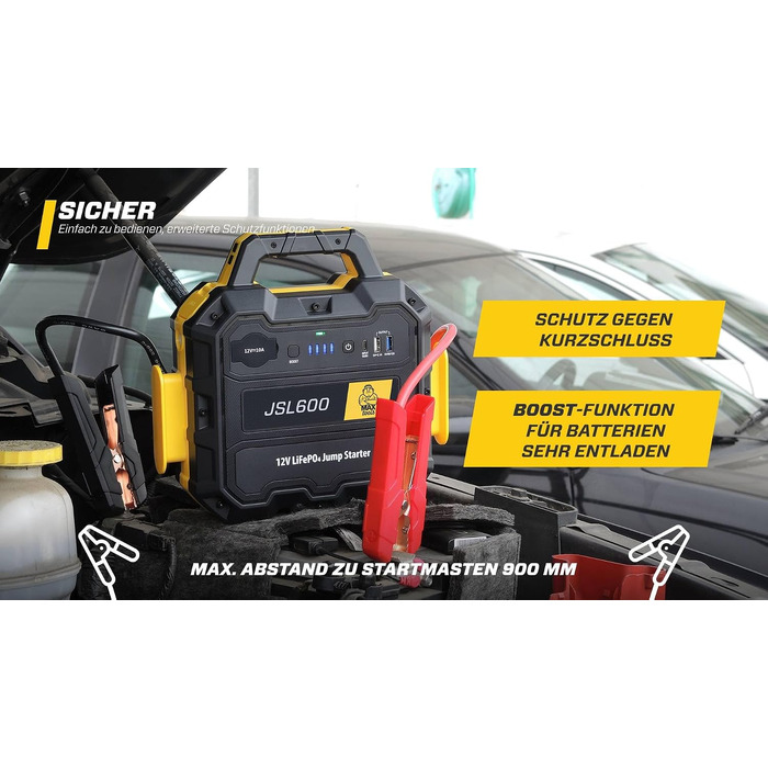 Бустерний пускач MAXTOOLS JS500 2200A 22Ah для авто та мікроавтобусів 12V (бензин/дизель), Powerbank з LED-ліхтарем та USB-портом