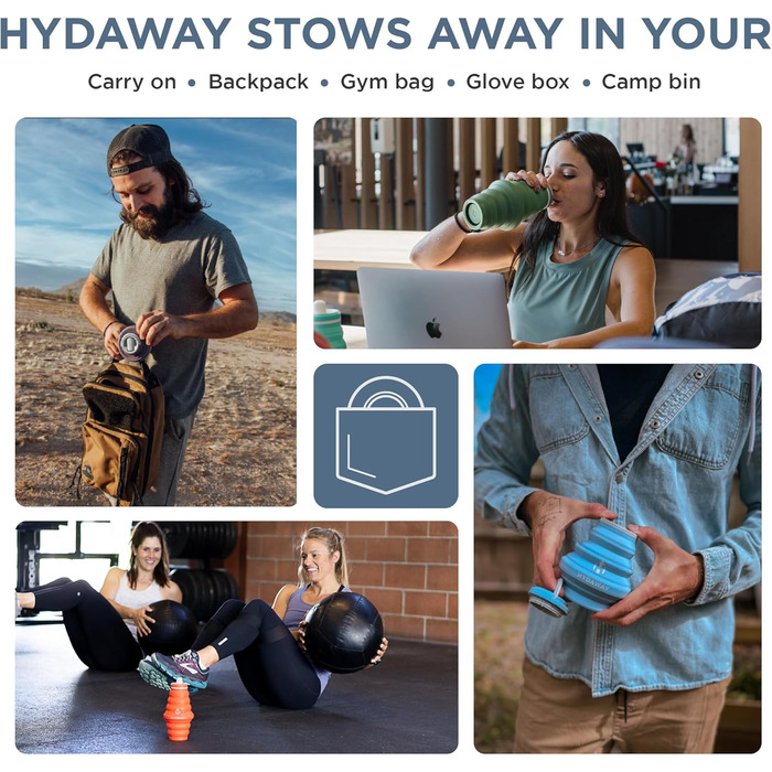 HYDAWAY | Collapsible Water Bottle with Spout Lid | Ultra-Packable and Travel-Friendly | Made of Food-Grade Silicone | 500 ml (Blue Ice)