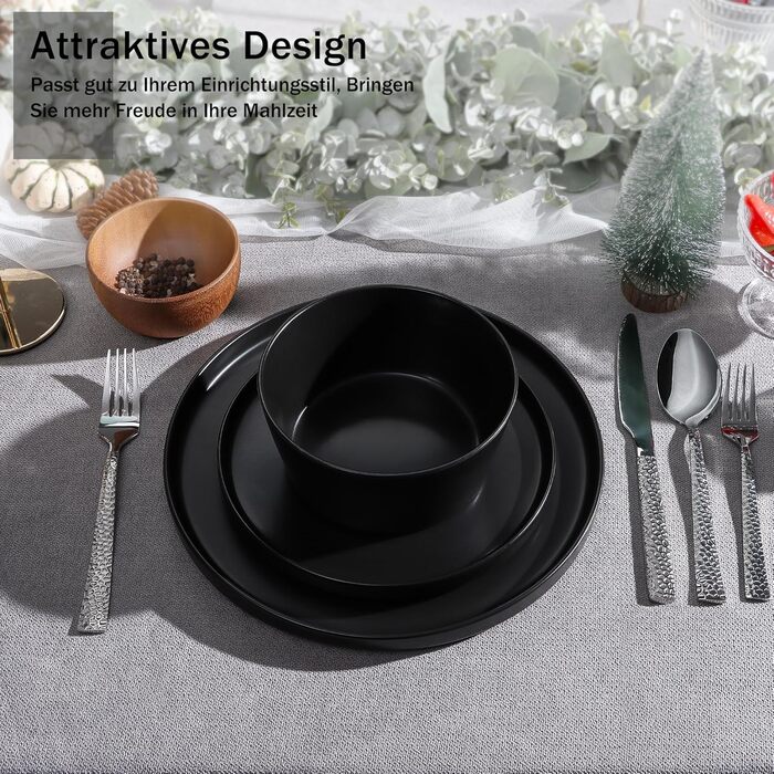 Набір посуду Homikit на 6 осіб: тарілки, миски, десертні тарілки, реактивна глазур, чорний колір, 18 шт.