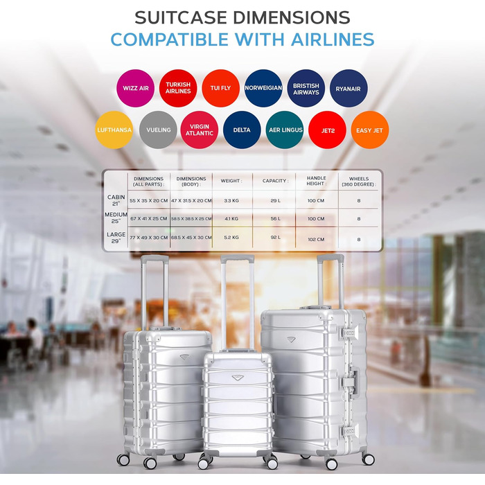 Набір валіз Flight Knight Premium: S (55x35x20cm), M (67cm), L (77cm) – алюмінієвий каркас, ABS, 8 коліс, захист від злому, ручна клада, для подорожей
