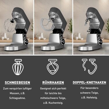 Кухонна машина Heinrichs 2500W з двома гаками для тіста, міксером та вінчиком, 8 швидкостей, чаша 7л з нержавіючої сталі, тиха, з титановим покриттям