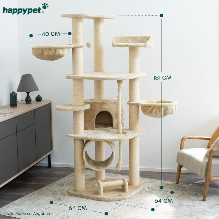 Кігтеточка HAPPYPET для котів велика 181 см - стабільний кігтеточний комплекс, товсті стовпи 11 см, будиночок та ігровий тунель, великі лежанки, стійка з когтеточкою (Бежевий)