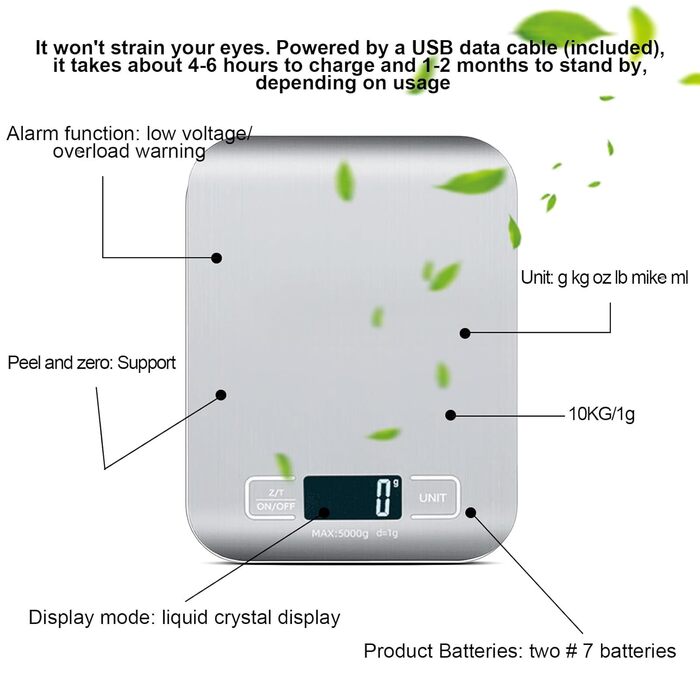 Цифрова кухонна вага, 10 кг/1 г, USB, акумулятор, LCD дисплей, функція тарування - срібно-білий