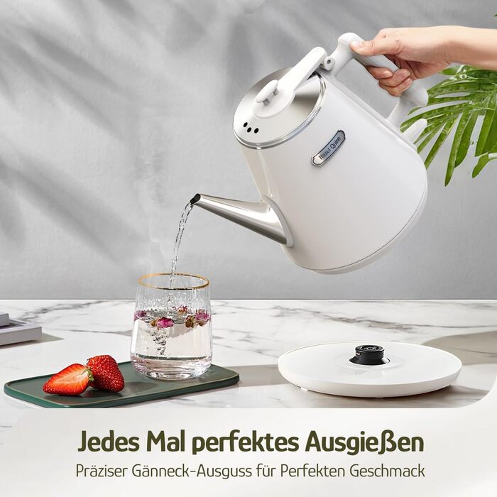 Електричний чайник Hazel Quinn, 1 л, ретро-дизайн, з подвійними стінками, нержавіюча сталь 304, 1360W, BPA-free, автоматичне вимкнення, білий перламутровий