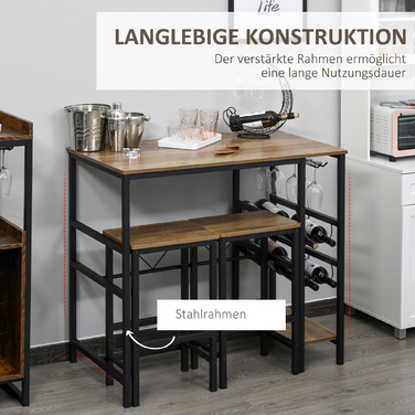 HOMCOM Bar Table Set with 2 Bar Stools, 3-Piece Kitchen Counter Table Set with Small Footprint, Steel, 108x60x95 cm in Natural and Black