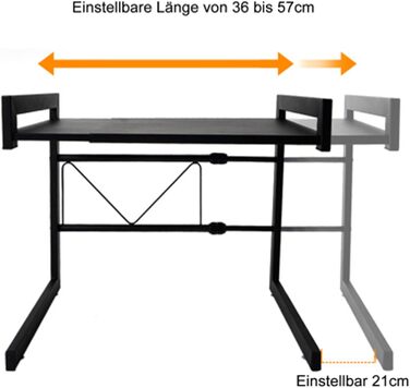 Стійка для мікрохвильової печі, 2-ярусна, чорна. Розширювана, з 6 гачками. Розміри: 36–57 x 36,5 x 80 см