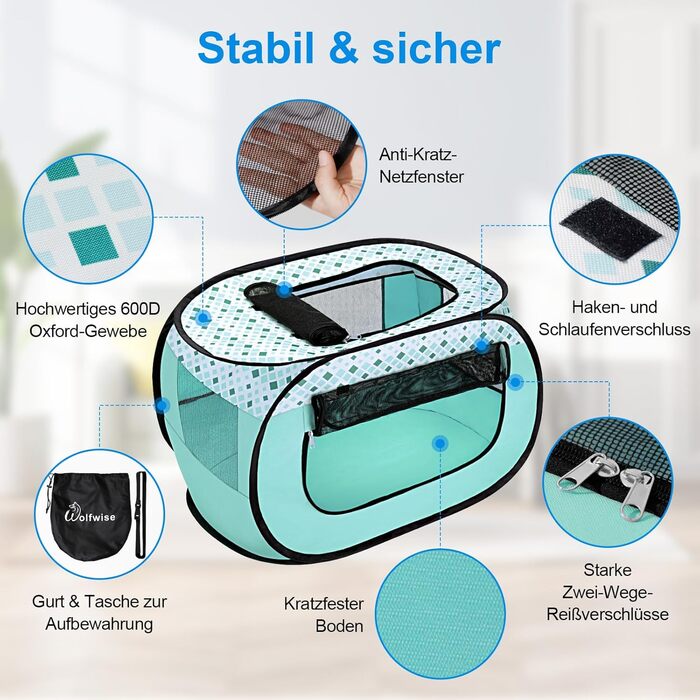 Вольвайз Вольпенлауфсталль: Переносний вольєр для цуценят 90x60x60 см, для собак, котів, цуценят, для дому та вулиці, зелений