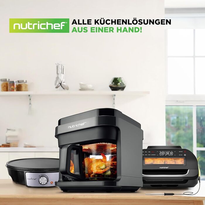 Фритюрниця NutriChef 5.5L біла – електрофритюрниця 8-в-1 з скляною чашею та LED-дисплеєм. Без олії, 360° циркуляція повітря. Для картоплі фрі, курки, овочів та іншого.