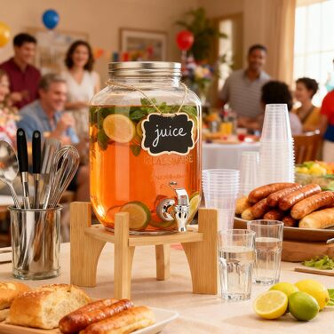 Скляний диспенсер для напоїв на 4L з краном та бамбуковим підставкою, 2 шт. Ідеально для вечірок, свят та днів народжень