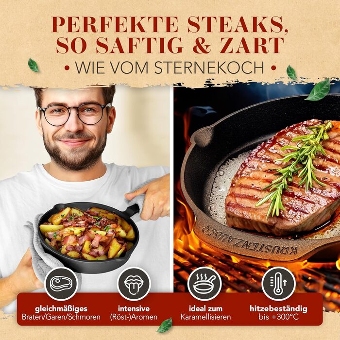 Чавунна сковорода-гриль Krustenzauber 26 см з індукційним дном та двома ручками - рифлена сковорода для смаження, ідеальна для індукційних плит