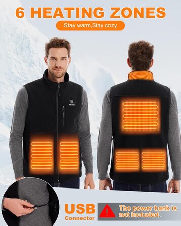 Електрична гріюча жилетка для чоловіків Polar Fleece, 6 зон нагріву, USB, Outdoor, XL, Чорний