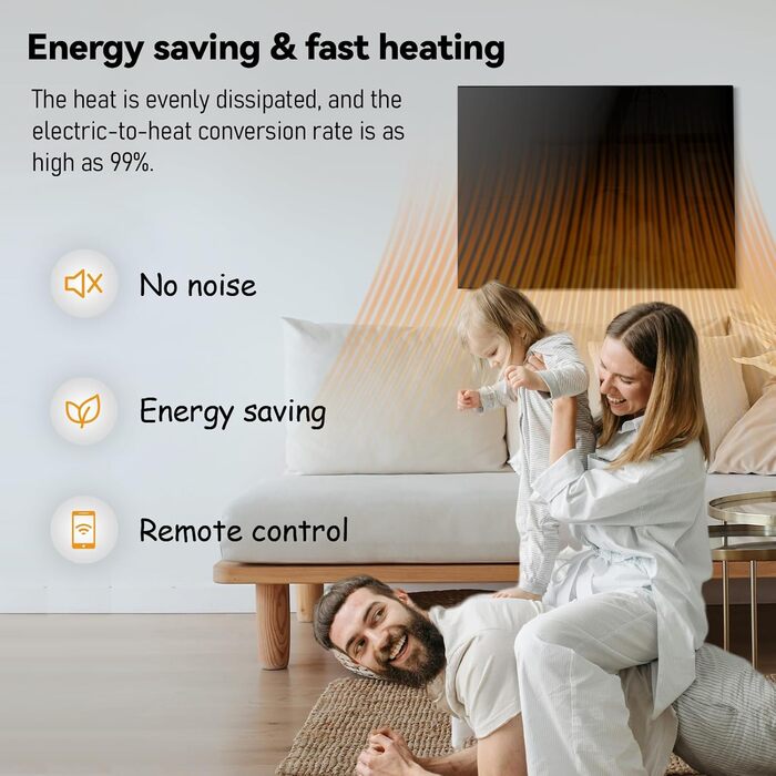 Інфрачервовий обігрівач Hocosyme зі скляною панеллю 600W з Wi-Fi керуванням (Tuya Smart), 100x60 см, з захистом від перегріву, чорний, сертифікат TÜV